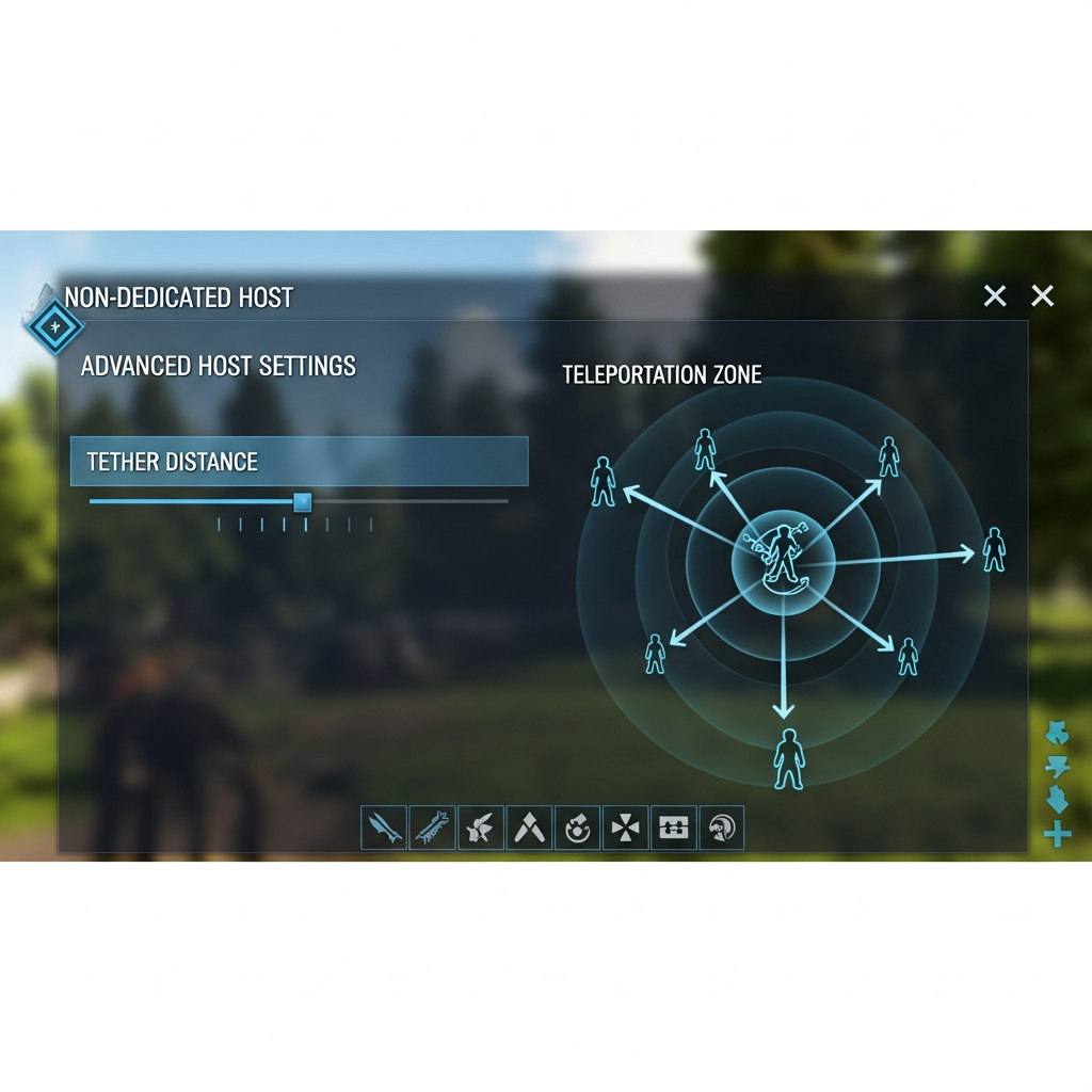 Interface de configuration in-game d'ARK montrant le slider "Tether Distance" dans les paramètres avancés d'hôte non dédié, avec un diagramme schématique à l'écran illustrant la zone de téléportation forcée autour de l'hôte, capture photoréaliste 4K