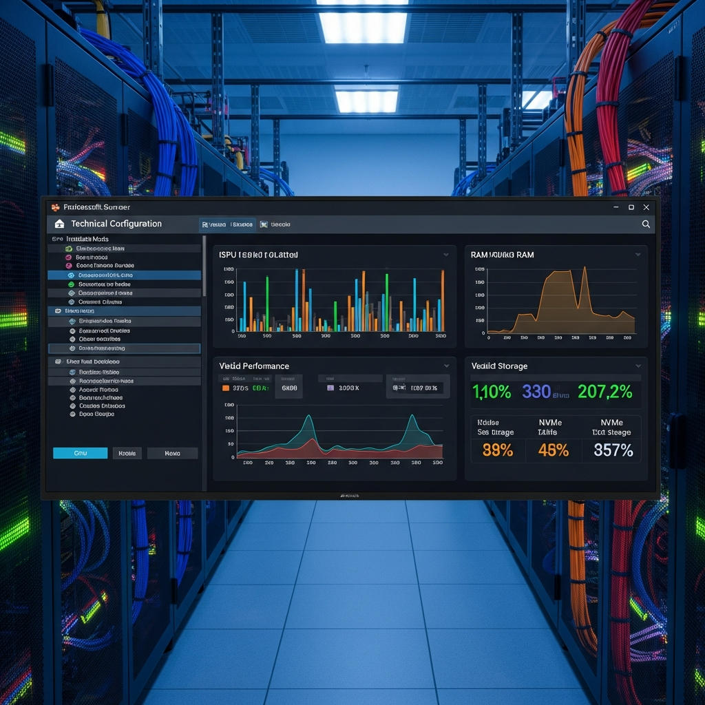 Interface de configuration technique d'un serveur Minecraft professionnel avec liste détaillée de mods installés, graphiques de performances en temps réel montrant utilisation CPU et RAM, stockage NVMe visible, ambiance datacenter moderne avec serveurs rack et câblage structuré