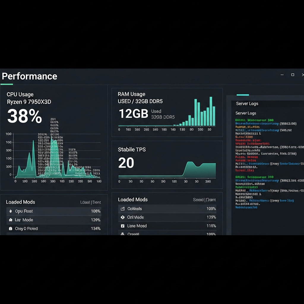 Interface de monitoring de serveur Minecraft montrant graphiques de performance en temps réel avec utilisation CPU du Ryzen 9 7950X3D à 38%, RAM DDR5 à 12 Go utilisés sur 32 Go, graphique TPS stable à 20, liste des mods chargés avec temps de traitement individuel, console de logs en arrière-plan, design moderne dark mode