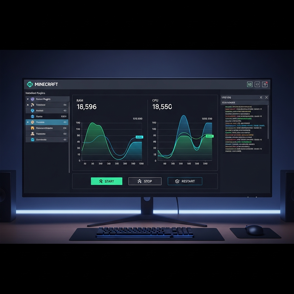 Interface de panel de gestion de serveur Minecraft moderne, écran sombre avec graphiques de RAM et CPU en temps réel, liste de plugins installés, console de logs défilants, boutons de contrôle start/stop/restart