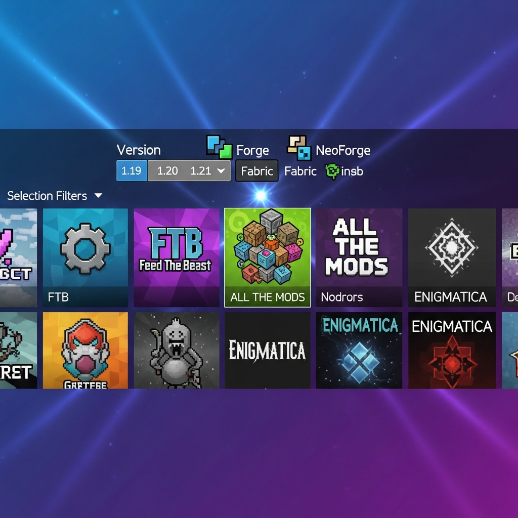 Interface de sélection de modpacks Minecraft montrant une grille de vignettes colorées représentant des packs populaires (FTB, All The Mods, Enigmatica), avec filtres de version et icônes Forge/Fabric/NeoForge, arrière-plan bleu-violet avec effets lumineux
