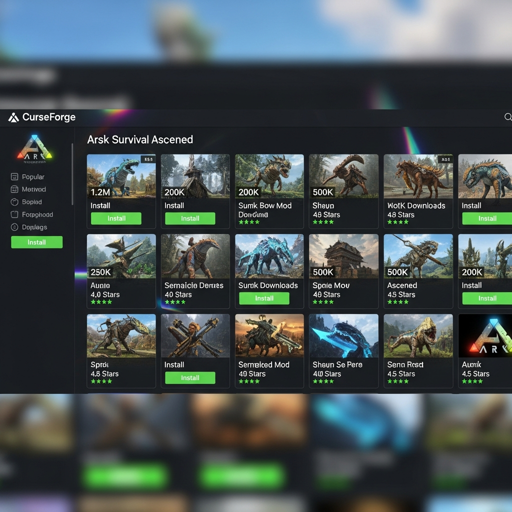 Interface du Panel Nexus Games montrant la bibliothèque de mods CurseForge pour ARK Survival Ascended, avec vignettes de mods populaires, boutons Installer en vert, statistiques de téléchargement et étoiles de notation, design moderne et épuré