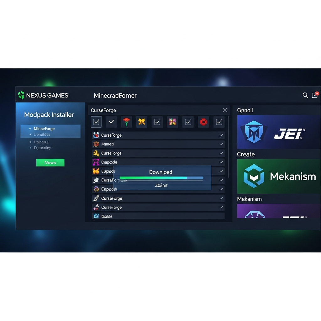 Interface du panel Nexus Games affichant l'installeur de modpacks Minecraft, avec une liste de mods CurseForge cochés, barre de progression du téléchargement et aperçu des logos JEI, Create et Mekanism