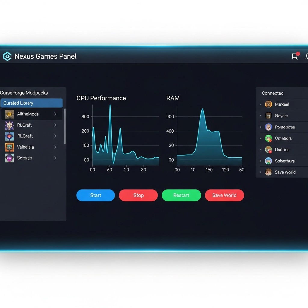 Interface moderne du Panel Nexus Games affichant le tableau de bord d'un serveur Minecraft, graphiques de performance CPU et RAM en temps réel, liste de joueurs connectés avec avatars, boutons de contrôle colorés pour démarrage et sauvegarde, thème sombre élégant avec accents bleus néon, bibliothèque de modpacks CurseForge visible dans un onglet latéral