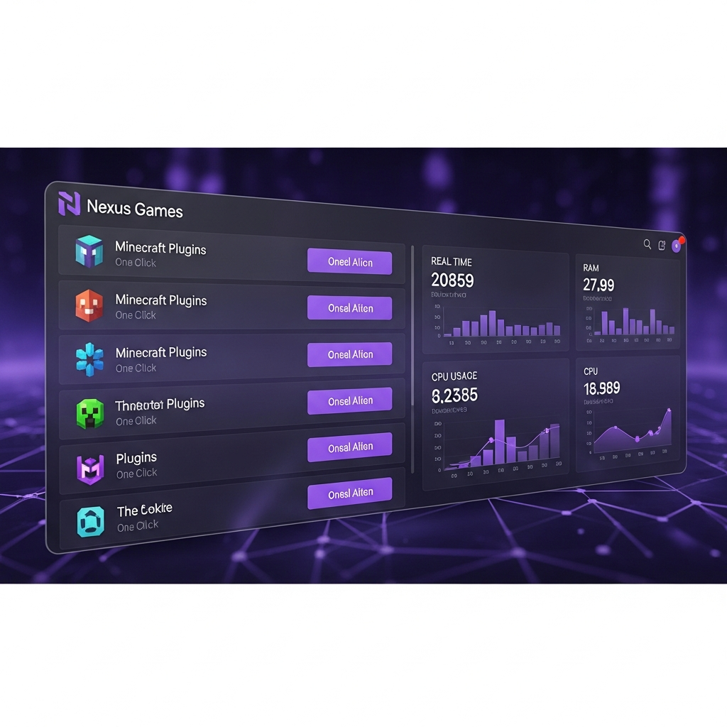 Interface photoréaliste du panel Nexus Games affichant une liste de plugins Minecraft avec icônes colorées, boutons d'installation en un clic, statistiques d'utilisation RAM et CPU en temps réel, design moderne avec thème sombre et accents violets
