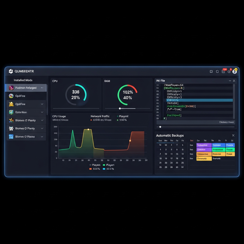 Interface utilisateur moderne d'un panel de gestion de serveur de jeu affichant des graphiques de performances en temps réel, liste de mods installés avec aperçus visuels, éditeur de fichiers INI avec coloration syntaxique et calendrier de sauvegardes automatiques