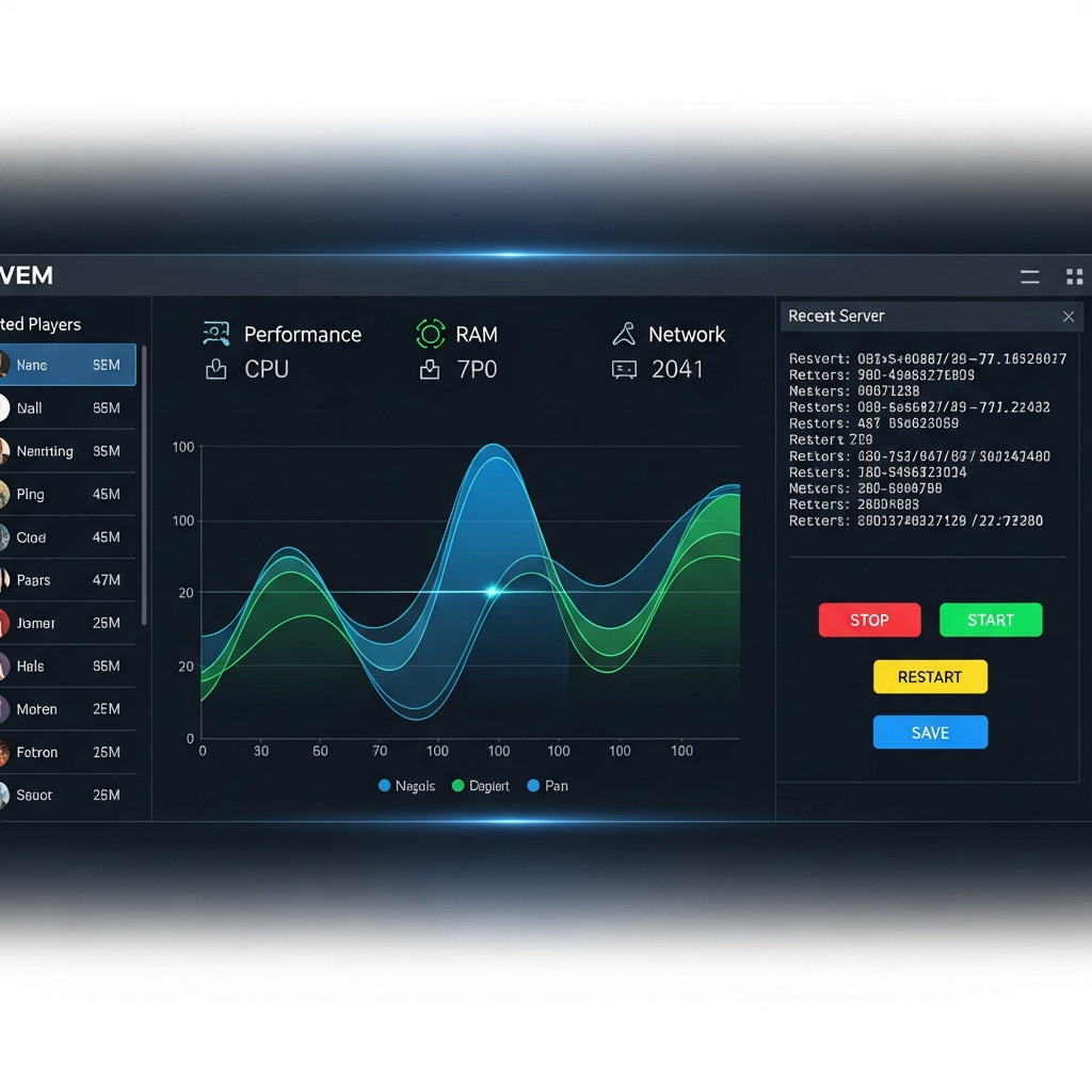 Interface utilisateur moderne d'un panel de gestion de serveur FiveM, affichant des graphiques de performances en temps réel, liste de joueurs connectés, console de commandes et boutons de contrôle colorés sur fond sombre