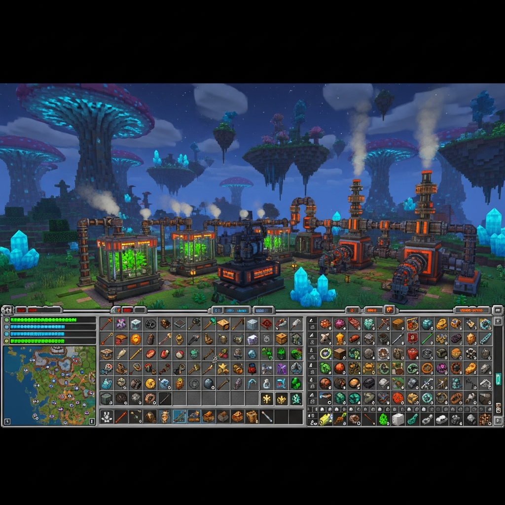 Interfaz de juego Minecraft con mods pesados mostrando HUD complejo con barras de energía, minimapa detallado con waypoints, inventario expandido con miles de items, maquinaria tecnológica funcionando en segundo plano, bioma personalizado fantástico, shaders realistas activados, captura nocturna con iluminación dinámica