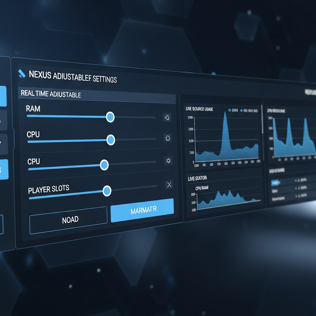 Interfaz del panel Nexus Games mostrando controles deslizantes para ajustar RAM, CPU y ranuras de jugadores de un servidor Minecraft en tiempo real, con gráficos de uso de recursos en directo y diseño moderno en tonos azul y gris oscuro