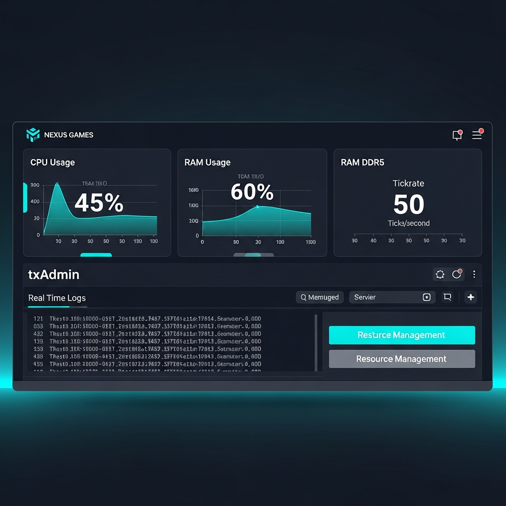 Interfaz de panel de control Nexus Games mostrando dashboard de servidor FiveM con gráficos de uso de CPU al 45%, RAM DDR5 al 60%, tickrate estable a 50 ticks/segundo, consola txAdmin con logs en tiempo real, botones de reinicio y gestión de recursos, diseño moderno oscuro con acentos en color cyan