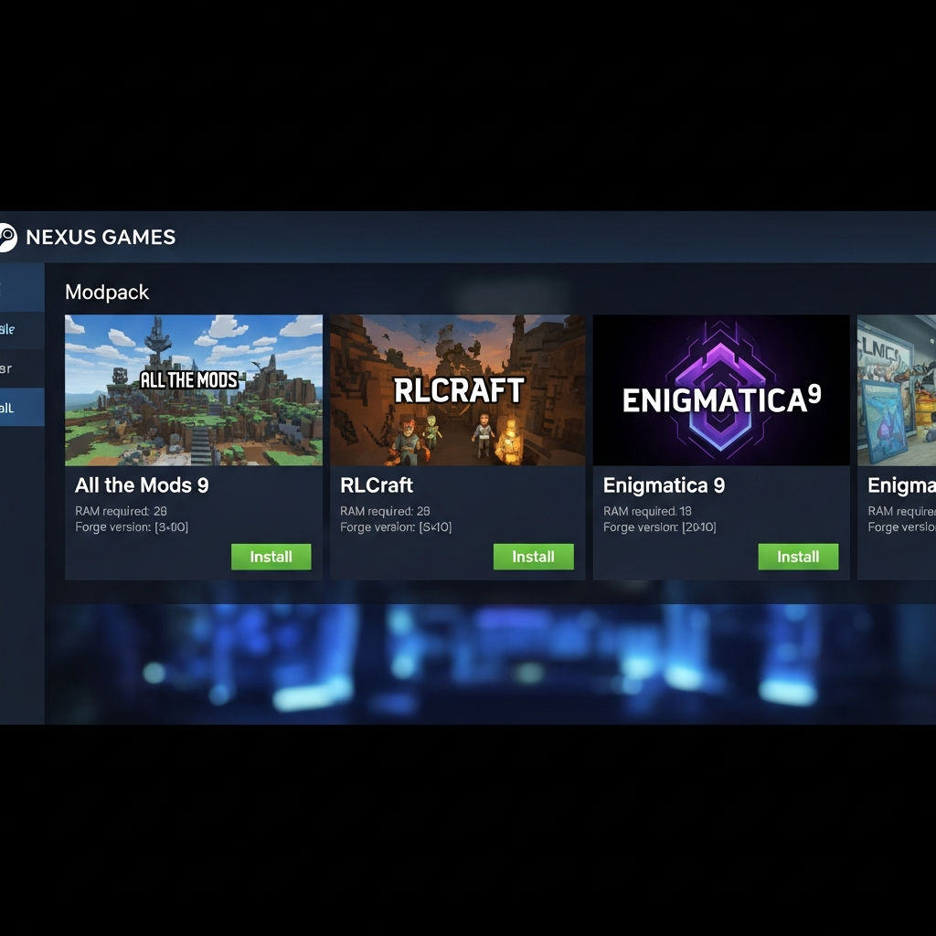 Interfaz fotorrealista del instalador de modpacks integrado en Nexus Games, mostrando miniaturas de All the Mods 9, RLCraft y Enigmatica 9 con botones verdes de instalación, diseño estilo Steam con descripciones de RAM requerida y versión de Forge