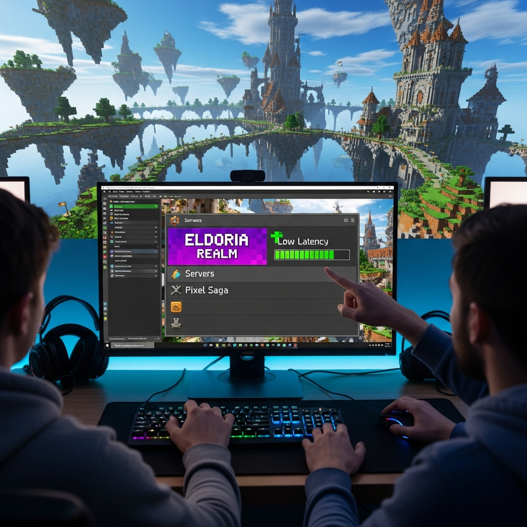 Jugadores conectándose a un servidor Minecraft personalizado, pantalla de selección de servidor mostrando baja latencia (ping verde), mundo generado con construcciones épicas al fondo, interfaz de Minecraft Java Edition