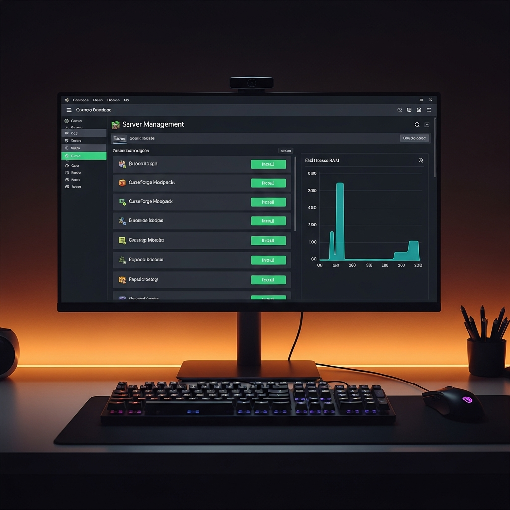 Minecraft-Server-Verwaltungspanel auf einem modernen Monitor, sichtbar CurseForge Modpack-Liste mit Installationsbuttons, Server-Ressourcen-Graph mit CPU und RAM-Auslastung in Echtzeit, dunkles UI-Design, Gaming-Tastatur und Maus im Vordergrund, fotorealistisch, warme Schreibtischbeleuchtung