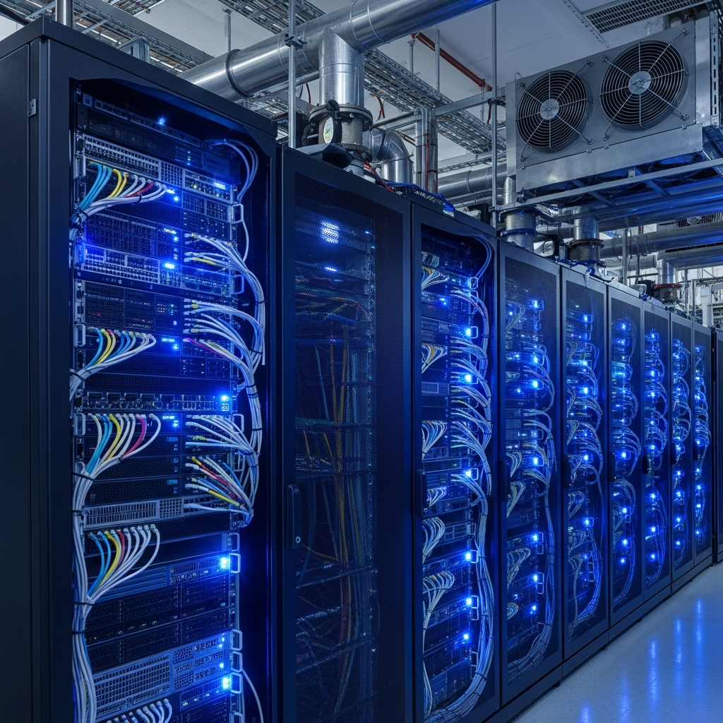 Modern data center server rack with glowing blue LED indicators, rows of high-performance enterprise hardware, clean cable management, industrial cooling systems visible in background, professional server infrastructure environment