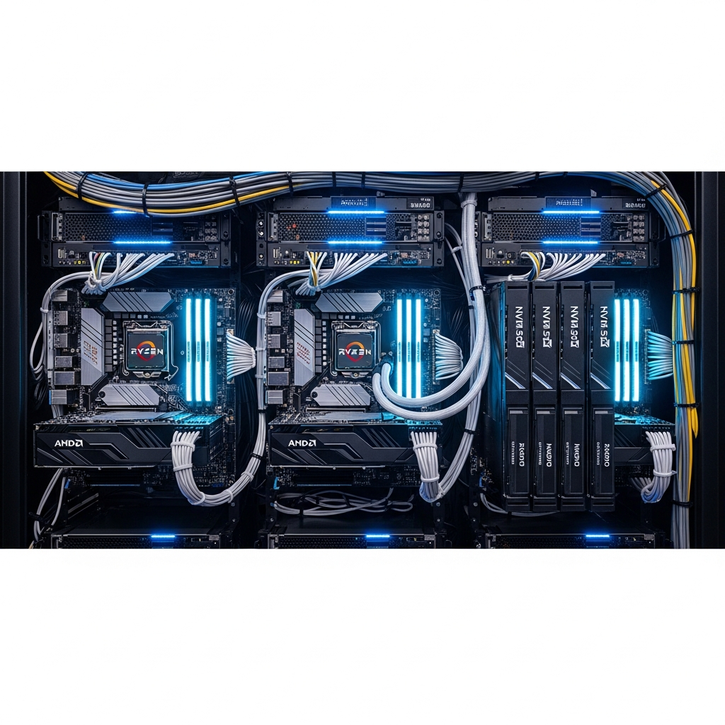 Moderne Server-Rack-Infrastruktur in einem professionellen Rechenzentrum, AMD Ryzen Prozessoren sichtbar auf Mainboards montiert, blaue LED-Beleuchtung, NVMe-SSDs in Hot-Swap-Einschüben, Kabelmanagement akkurat, Fokus auf Gaming-Hardware, fotorealistisch, hohe Schärfentiefe