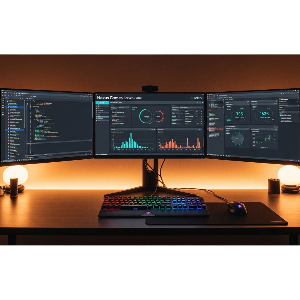 Moderner Arbeitsplatz mit drei hochauflösenden Monitoren, auf denen das Nexus Games Server-Panel mit FiveM-Konfiguration geöffnet ist, CPU- und RAM-Auslastungsdiagramme, Code-Editor mit LUA-Scripts, mechanische Gaming-Tastatur, professionelle Beleuchtung, realistisches Setup eines Server-Administrators
