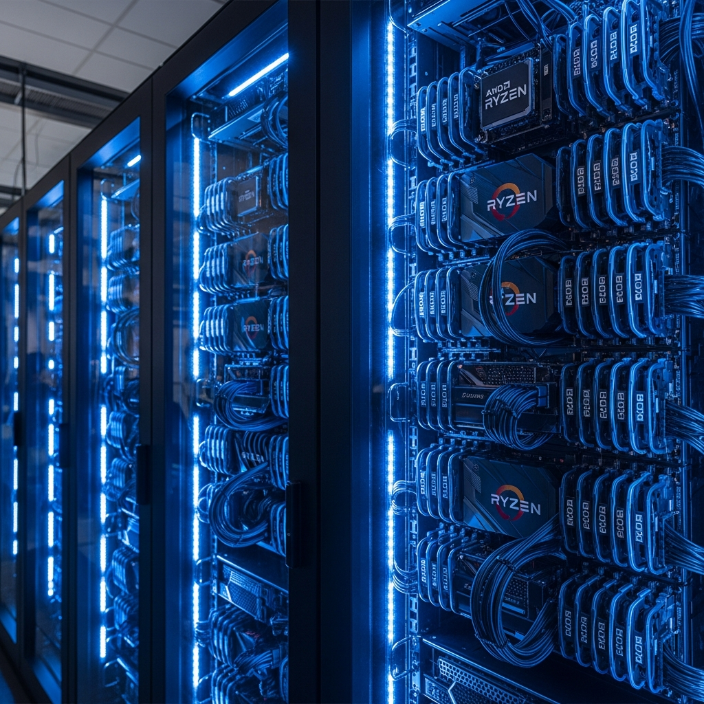 Moderner Gaming-Server-Rack in einem professionellen Rechenzentrum mit blauen LED-Lichtern, sichtbare AMD Ryzen Prozessoren und DDR5-RAM-Module, technische Atmosphäre mit Fokus auf High-Performance-Hardware