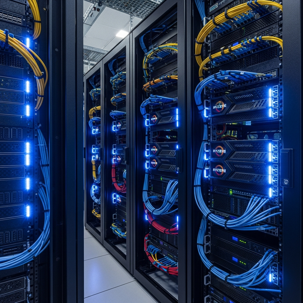 Moderner Serverraum mit Reihen schwarzer Rack-Gehäuse, blaue LED-Beleuchtung an AMD Ryzen 9 7950X3D Servern, strukturierte Netzwerkkabel, technische Atmosphäre, fotorealistisch, Weitwinkel