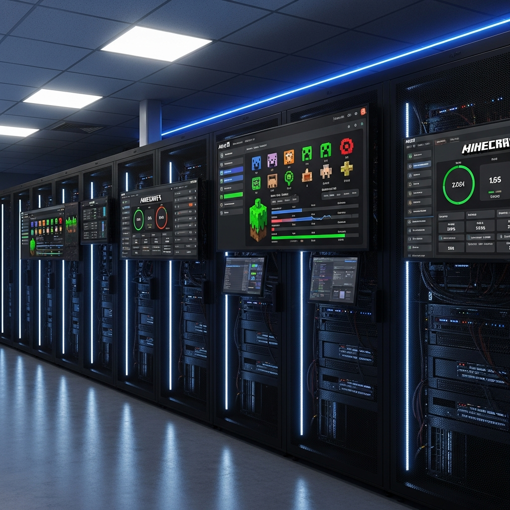 Moderner Serverraum mit Reihen von AMD Ryzen 9 7950X3D Servern in beleuchteten Racks, Bildschirme zeigen Minecraft-Dashboard mit Performance-Metriken, fotorealistisch, professionelle Beleuchtung