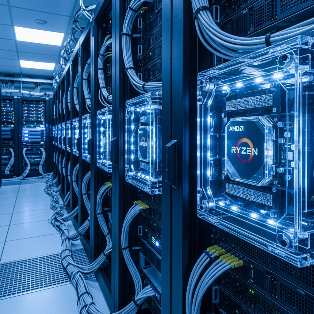 Modern server rack room with rows of high-end hardware, AMD Ryzen processors visible through transparent casing, blue LED ambient lighting, network cables neatly organized, professional datacenter environment