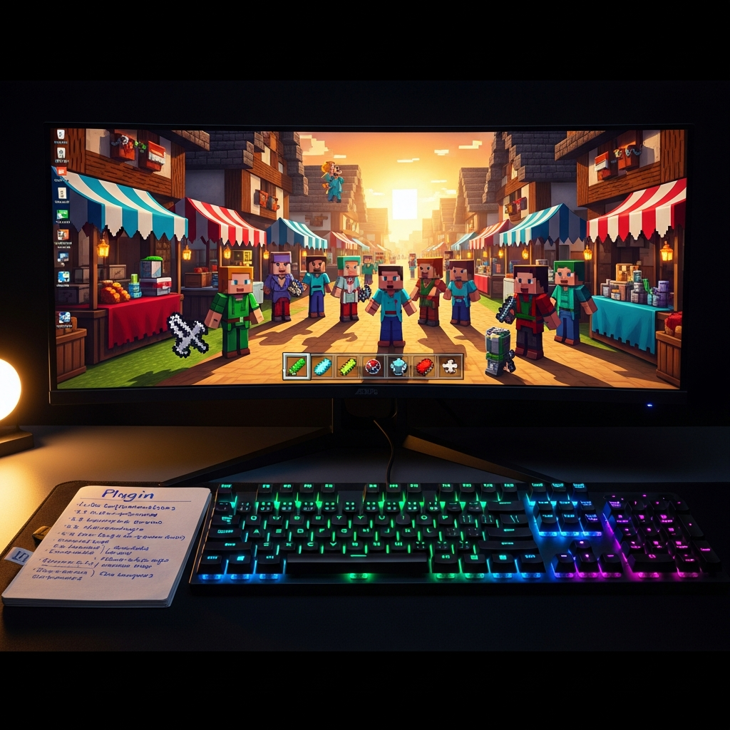 Nahaufnahme einer beleuchteten Gaming-Tastatur mit RGB-Beleuchtung vor einem Ultrawide-Monitor, auf dem ein Minecraft-Server mit bunten NPC-Charakteren in mittelalterlicher Marktplatz-Szenerie zu sehen ist, im Vordergrund liegt ein Notizbuch mit handschriftlichen Plugin-Konfigurationsnotizen, warmes Studiolicht von links
