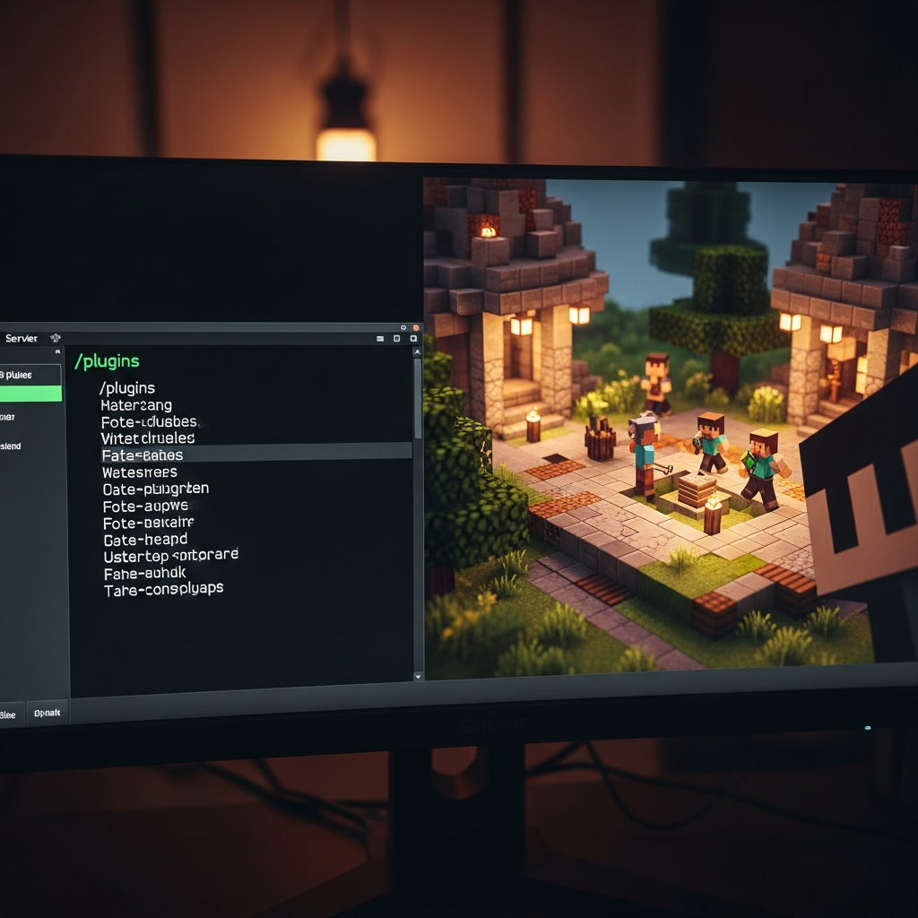 Nahaufnahme eines Minecraft-Servers in Betrieb, sichtbar auf einem Gaming-Monitor – im Vordergrund die Chat-Ausgabe mit dem Befehl /plugins und einer Liste aktiver Plugins in grün, im Hintergrund eine gebaute Spawn-Area mit Spielern, warmes Licht, realistisch