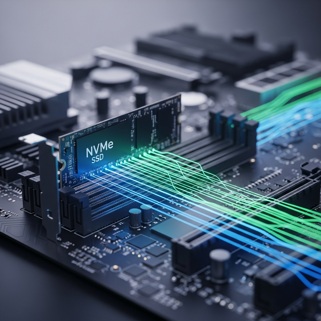 Nahaufnahme eines NVMe-SSD-Moduls in einem Server-Mainboard mit leuchtenden Datenleitungen, High-Tech-Visualisierung von Datenfluss und Performance-Optimierung, professionelle Beleuchtung