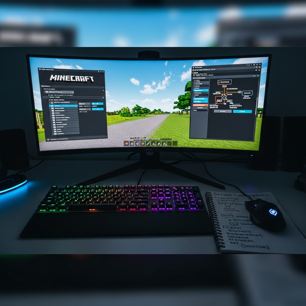 Nahaufnahme eines modernen Gaming-Setups mit Monitor, auf dem das Minecraft-Hauptmenü und ein Server-Admin-Panel zu sehen sind, RGB-Tastatur, Maus, Notizblock mit Server-Konfigurationen