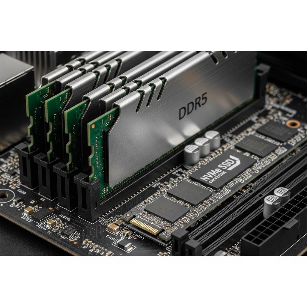 Nahaufnahme eines modernen NVMe SSD-Moduls auf einem High-End-Mainboard mit DDR5-Speicherriegeln, scharfe technische Detailaufnahme mit professioneller Beleuchtung, die elektronische Komponenten und Lötbahnen sichtbar macht, industrielle Produktfotografie-Ästhetik