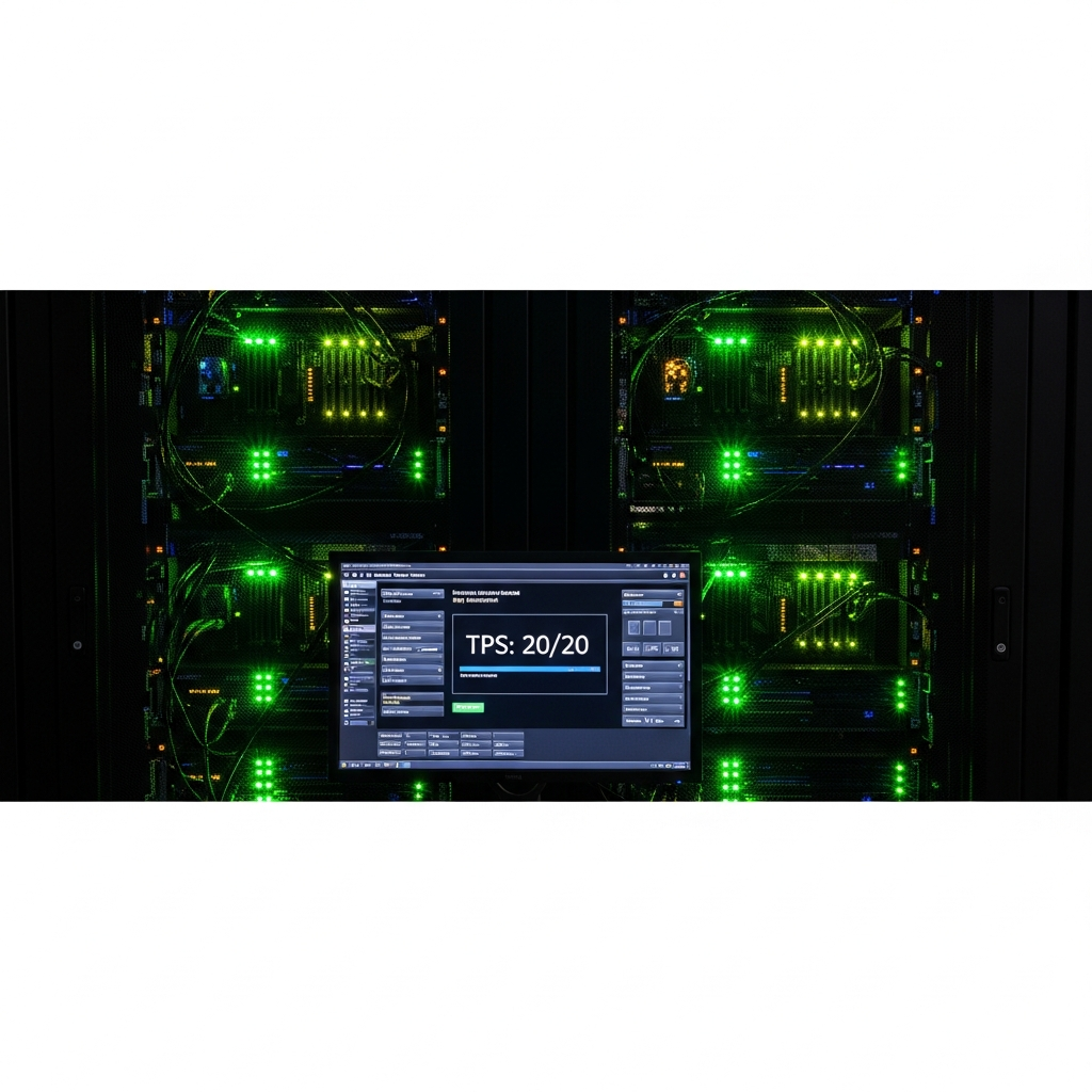 Nahaufnahme eines modernen Server-Racks mit leuchtenden grünen LEDs, im Vordergrund ein Monitor mit Minecraft-Server-Konsole und TPS-Anzeige bei 20/20, fotorealistisch, professionelle Rechenzentrum-Atmosphäre, hohe Schärfentiefe