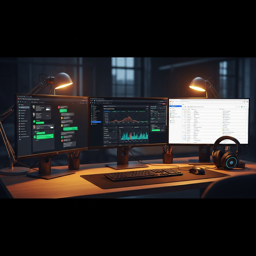 Nahaufnahme eines modernen Support-Arbeitsplatzes mit drei Monitoren, auf denen Chat-Fenster, Server-Monitoring-Dashboards und Ticket-Systeme sichtbar sind, Gaming-Headset liegt auf dem Schreibtisch, warme Bürobeleuchtung, professionelle Atmosphäre, fotorealistische Darstellung mit natürlichem Licht