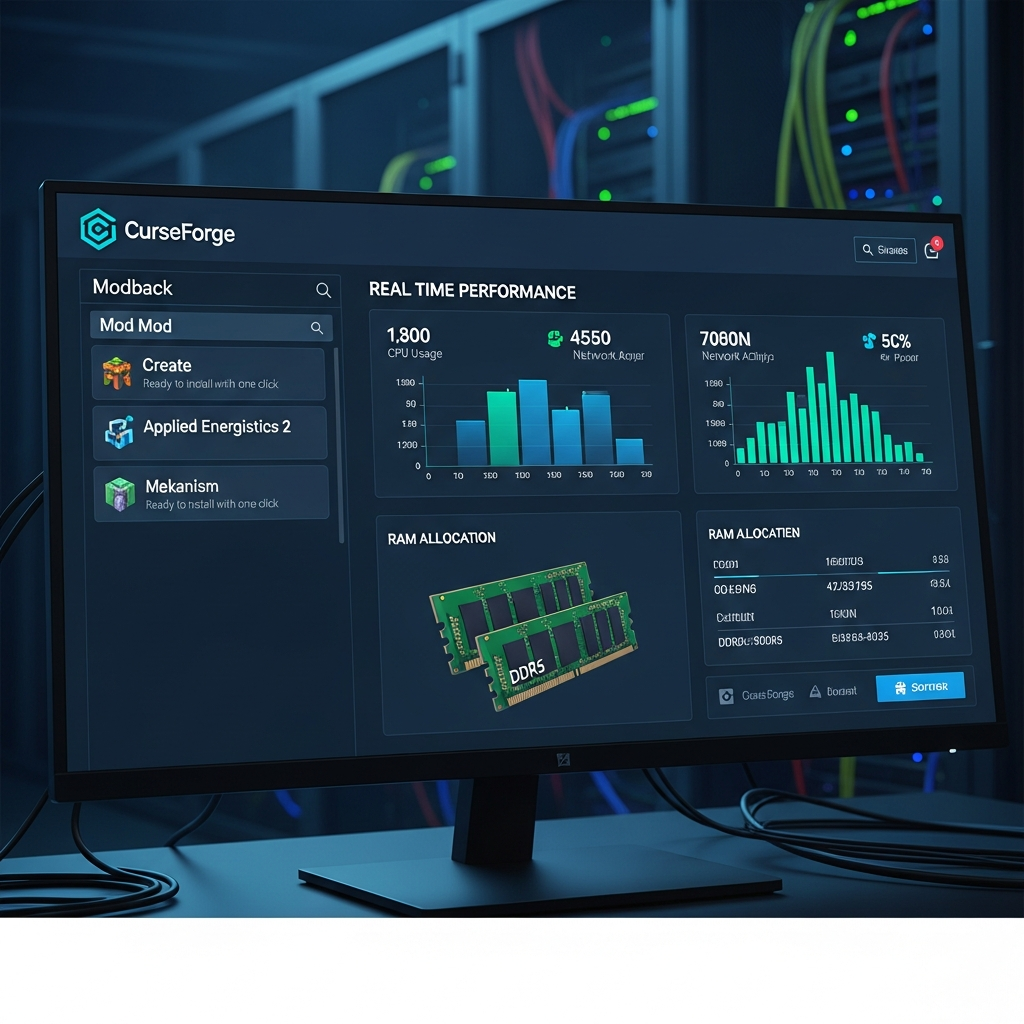 Panel de administración de servidor Minecraft moderno mostrando la interfaz de instalación de modpacks desde CurseForge, con lista de mods populares como Create, Applied Energistics 2 y Mekanism listos para instalar con un clic, gráficas de rendimiento del servidor y asignación de RAM DDR5