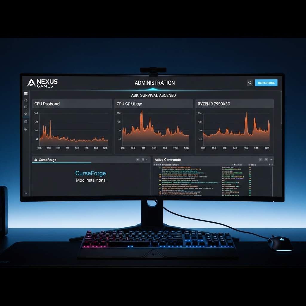 Panel de administración moderno en pantalla ultrawide mostrando la interfaz Nexus Games con dashboard de servidor ARK Survival Ascended, gráficos de uso de CPU Ryzen 9 7950X3D en tiempo real, pestañas de instalación de mods CurseForge y consola de comandos activa, iluminación ambiental azul neón sobre escritorio gaming con teclado mecánico RGB