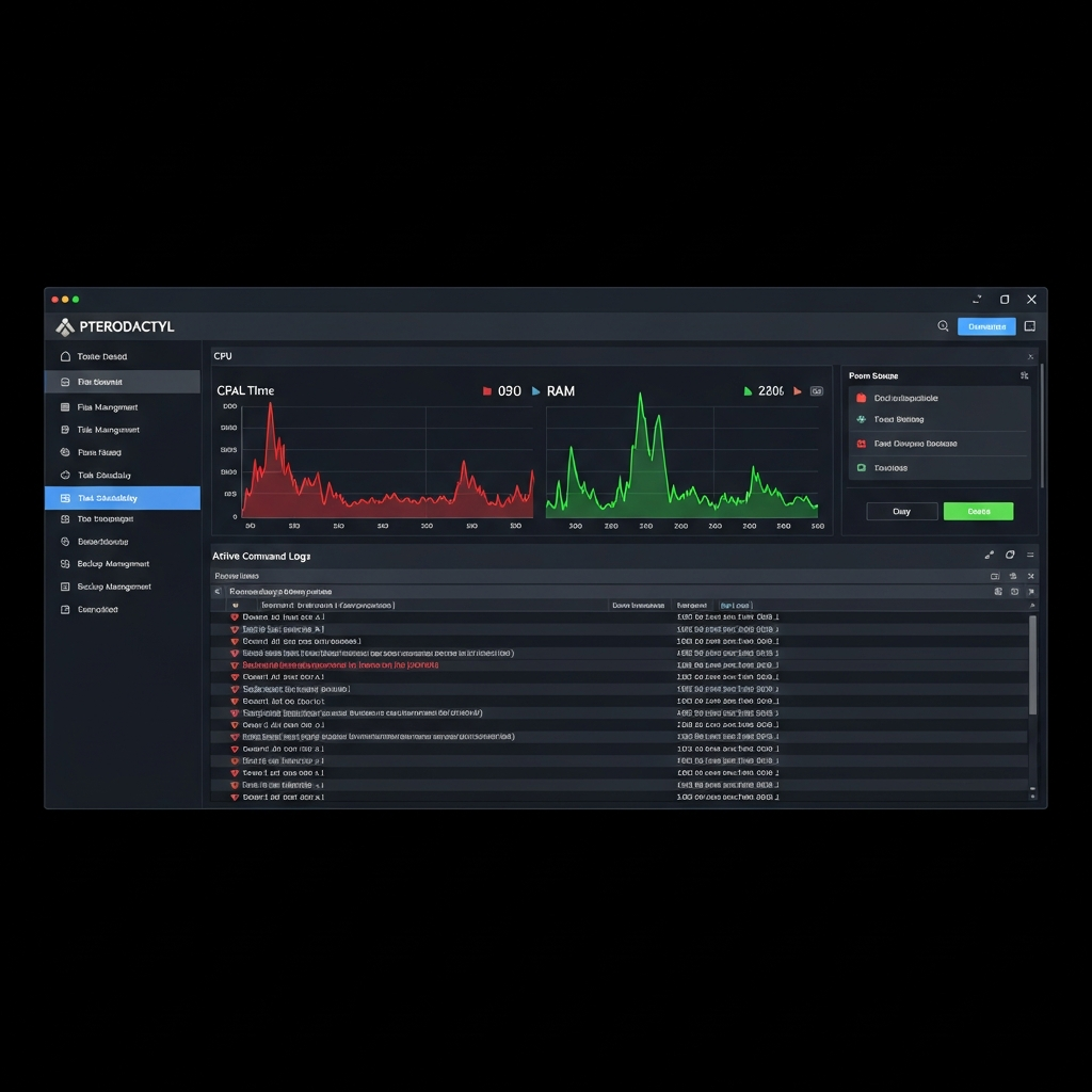 Panel de control Pterodactyl mostrando interfaz de gestión de servidor ARK con gráficos de uso de CPU y RAM en tiempo real, consola de comandos activa con logs del servidor, y menú lateral con opciones de gestión de archivos, programación de tareas y gestión de backups, todo en estética moderna dark mode fotorrealista