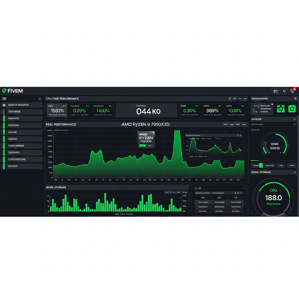 Panel de control de hosting FiveM mostrando métricas en tiempo real de CPU, RAM y almacenamiento NVMe, con gráficos de rendimiento de un servidor AMD Ryzen 9 7950X3D, pantalla oscura tipo dashboard profesional con indicadores verdes