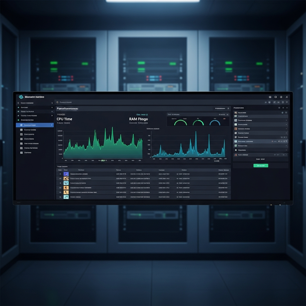 Panel de control de servidor Minecraft mostrando gráficos de rendimiento en tiempo real, uso de CPU y RAM, lista de jugadores conectados, interfaz moderna y profesional en pantalla de alta resolución