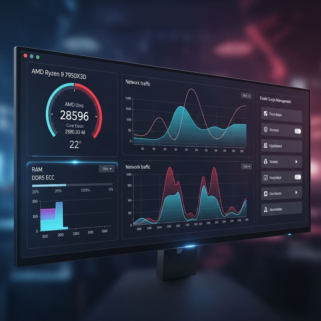 Panel de control moderno con gráficos en tiempo real mostrando CPU AMD Ryzen 9 7950X3D, RAM DDR5 ECC, gráficos de tráfico de red y opciones de gestión de scripts FiveM, interfaz limpia con tema oscuro y detalles futuristas en alta resolución