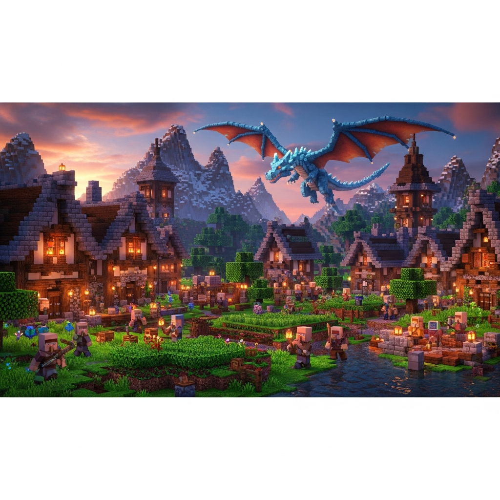 Paysage Minecraft photoréaliste montrant une colonie Minecolonies prospère avec bâtiments médiévaux en pierre et bois, villageois animés travaillant dans les champs, dragon de Ice and Fire survolant les montagnes en arrière-plan, éclairage dynamique avec shaders, ciel crépusculaire orangé, rendu haute qualité