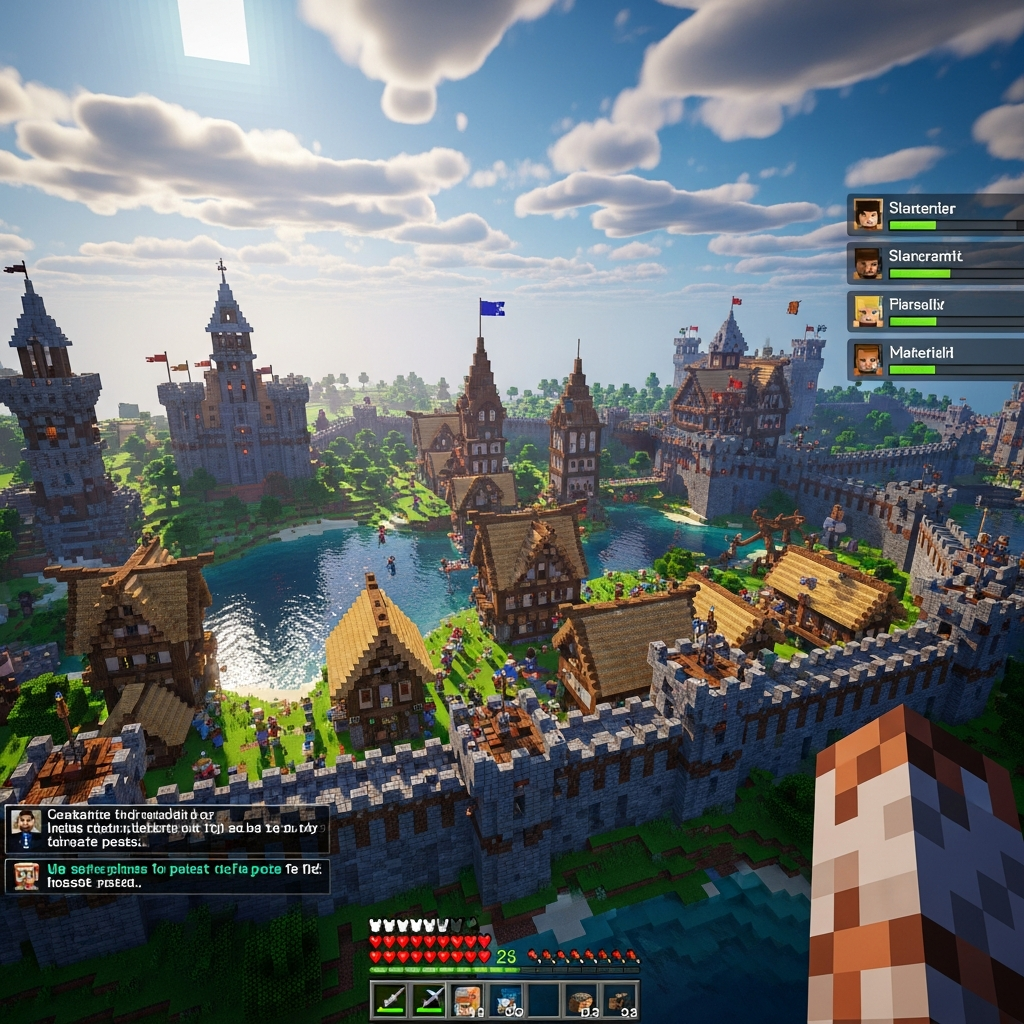 Photographie réaliste en vue aérienne d'un monde Minecraft multijoueur avec plusieurs joueurs connectés, constructions médiévales détaillées, éclairage dynamique avec shaders, HUD affichant la liste des joueurs, panneau de tchat actif en bas à gauche