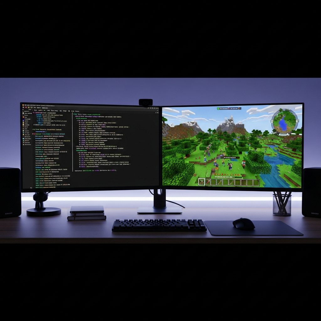 Photo photoréaliste d'un bureau avec deux écrans : le premier affichant une console Linux avec des commandes serveur Minecraft en cours d'exécution, le second montrant le jeu Minecraft avec plusieurs joueurs connectés dans un monde multijoueur, éclairage LED doux en arrière-plan