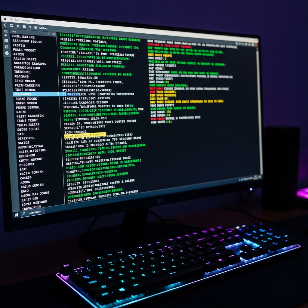 Photo photoréaliste d'un écran d'ordinateur affichant la console d'un serveur Minecraft en cours de démarrage, avec des lignes de log colorées défilant rapidement, des messages de chargement de plugins en vert, quelques warnings en jaune, clavier gaming RGB visible en premier plan, ambiance sombre de bureau gamer