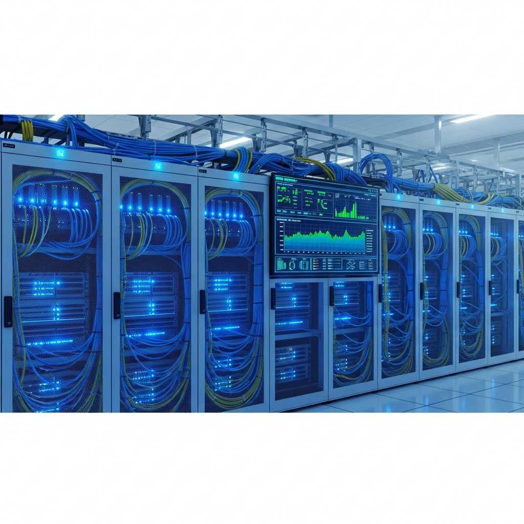 Photo photoréaliste d'un data center moderne avec racks serveurs illuminés en bleu, câbles réseau organisés, écran de monitoring affichant des graphiques de charge CPU et RAM en temps réel, ambiance professionnelle haute technologie