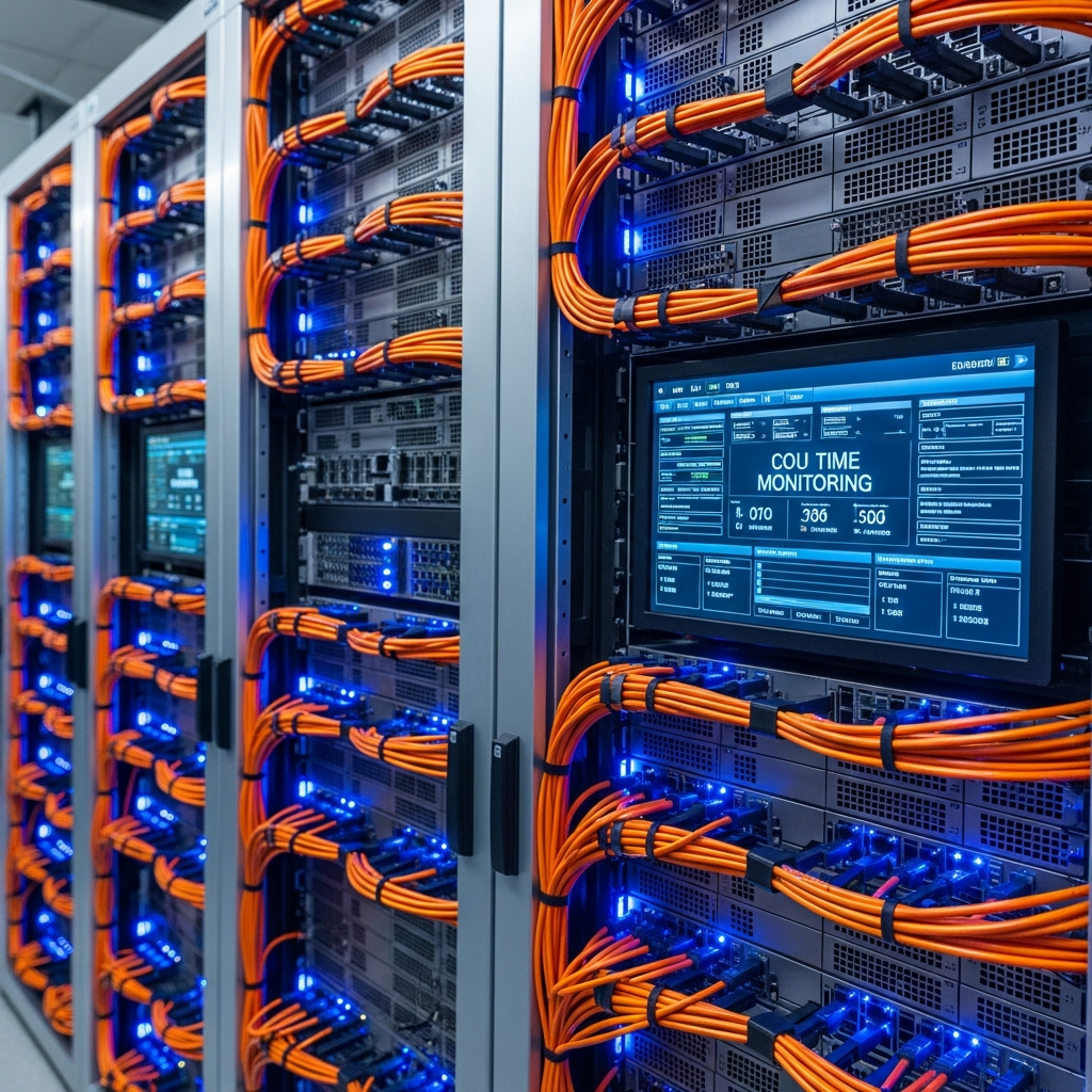 Photo photoréaliste en gros plan d'un datacenter moderne montrant une rangée de serveurs rack avec LED bleues allumées, câbles réseau orange catégorie 8, écran LCD affichant des métriques de monitoring en temps réel, reflets métalliques et ambiance high-tech professionnelle