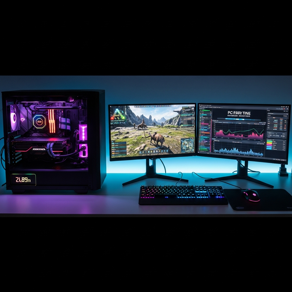 Photo photoréaliste en vue à 45 degrés d'un setup gaming moderne avec tour PC RGB ouverte montrant composants haute performance refroidissement liquide, deux écrans affichant ARK avec statistiques de serveur et graphiques de performance, clavier et souris gaming sur bureau organisé avec éclairage d'ambiance bleu
