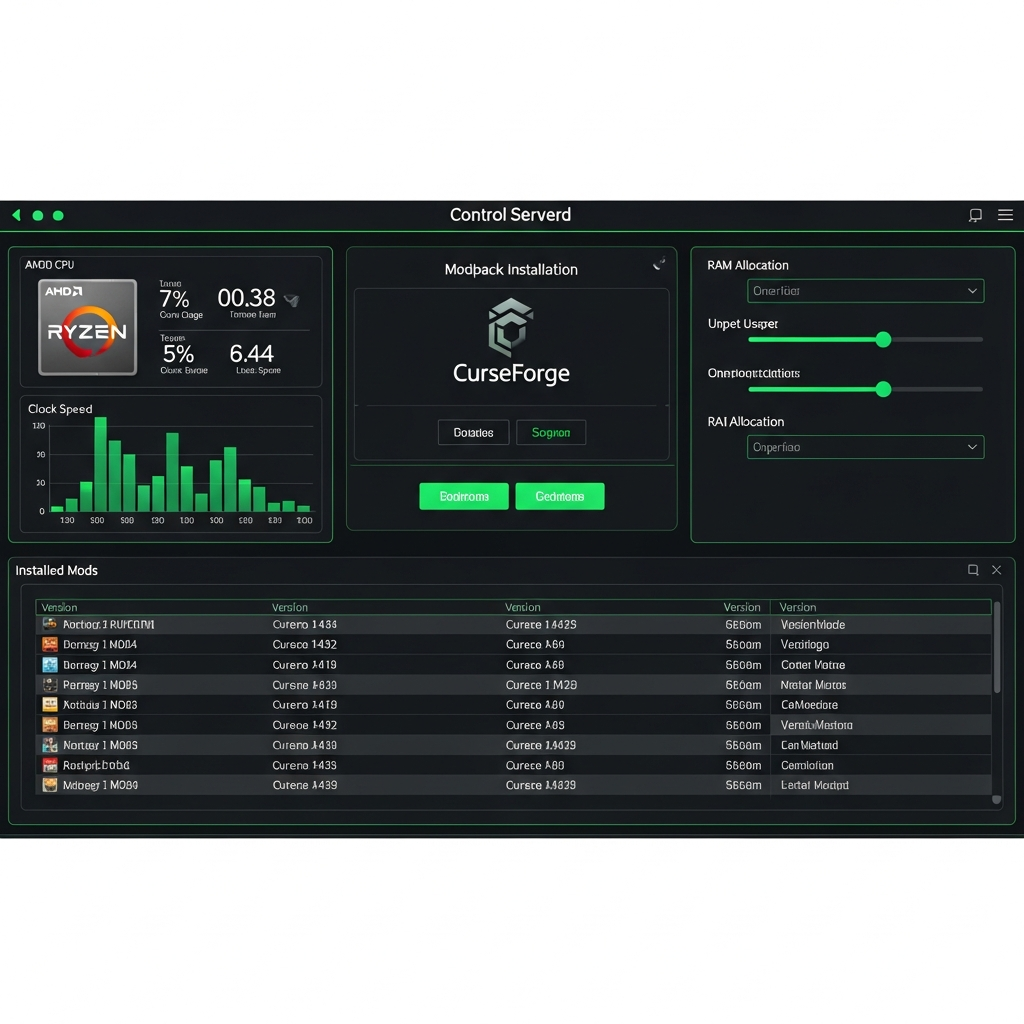 Photorealistic Minecraft server control panel dashboard showing modpack installation interface with CurseForge integration, AMD Ryzen CPU metrics, RAM allocation sliders, and a list of installed mods with version numbers, set against a sleek dark UI with green accent lighting