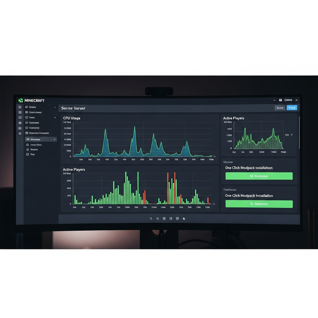 Photorealistic close-up of a desktop monitor displaying the Minecraft server control panel interface with colorful graphs showing CPU usage, RAM allocation, active players, and one-click modpack installation buttons