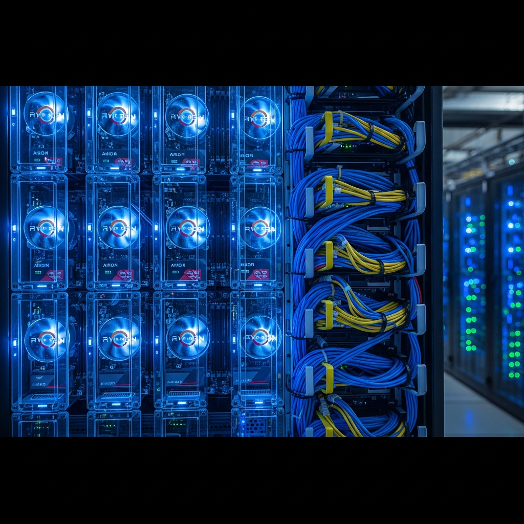 Photorealistic image of a modern data center server rack with glowing blue LED indicators, AMD Ryzen processors visible through transparent side panels, NVMe SSDs mounted on motherboards, and ethernet cables neatly organized in cable management trays, representing high-performance Minecraft server hosting infrastructure