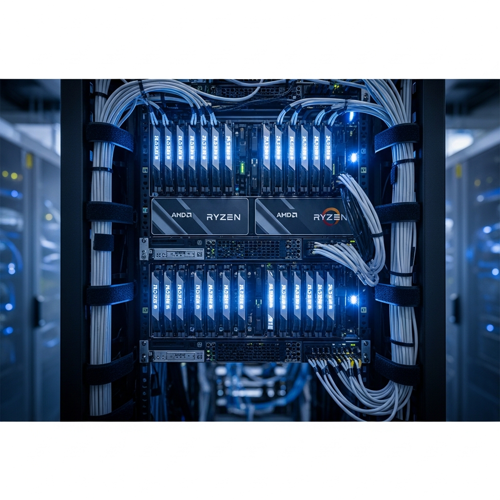 Photorealistic image of a modern data center server rack with glowing blue LED lights, focusing on high-performance AMD Ryzen processors and DDR5 RAM modules, cables neatly organized, cool industrial atmosphere with subtle depth of field