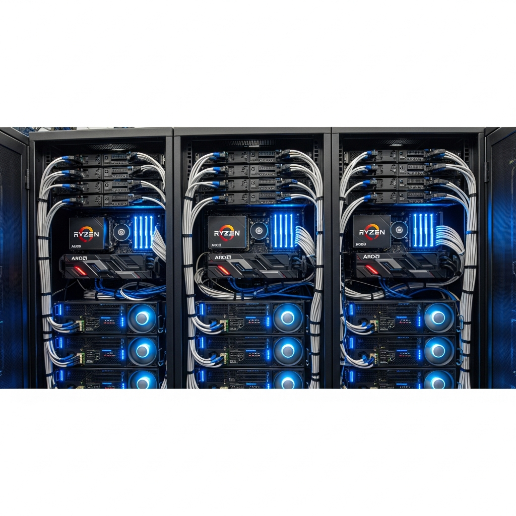 Photorealistic image of a modern data center server rack with blue LED indicators and neat cable management, showing high-performance gaming servers with visible AMD Ryzen branding and cooling systems, professional lighting highlighting the clean technical environment