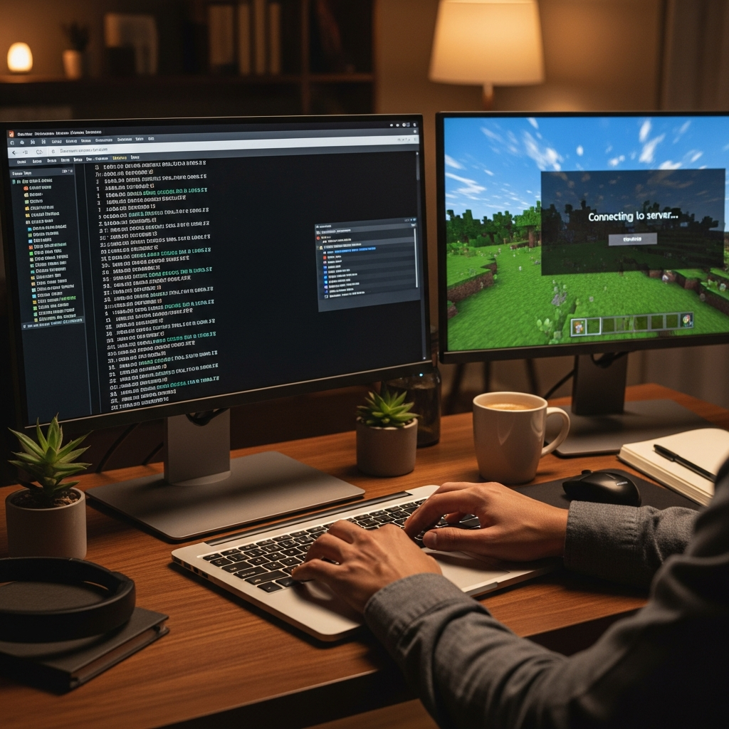 Photorealistic image of hands typing on a laptop keyboard with dual monitors showing a Minecraft server console window with startup logs on one screen and the Minecraft game client connecting to the server on the other screen, warm home office environment